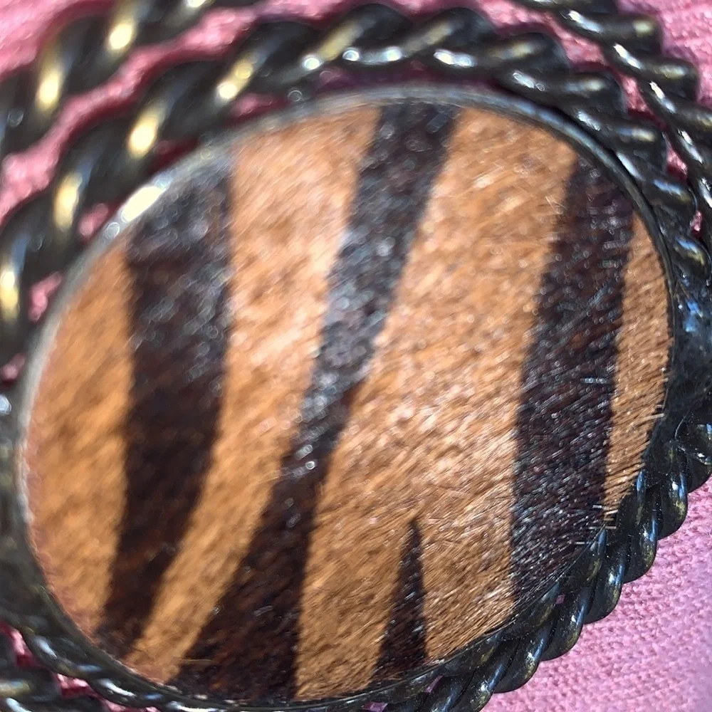 VINTAGE CONCHO CHAIN BELT 8 tiger print calf hair brass medallions. OSFM EUC